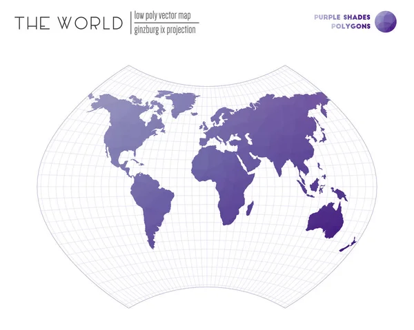 Mappa del mondo in stile poligonale Ginzburg IX proiezione del mondo Tonalità Viola poligoni colorati — Vettoriale Stock