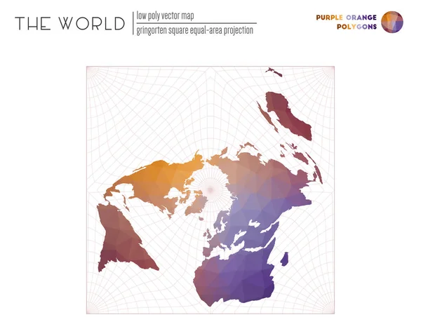 Wereldkaart in veelhoekige stijl Gringorten vierkante evenwijdige oppervlakte projectie van de wereld Paars Oranje — Stockvector