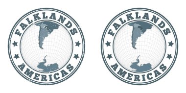 Falklands, Falklands 'ın dünya bağlamında Falkland haritasıyla birlikte ülkenin dairesel rozetlerini yuvarlıyor.