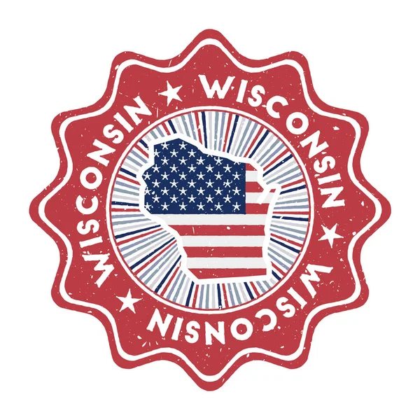 Wisconsin redonda grunge selo conosco mapa do estado e bandeira do país emblema vintage com texto circular — Vetor de Stock