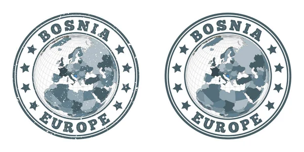 Okrągłe logo Bośni Okrągłe plakietki kraju z mapą Bośni w kontekście światowym Równiny i — Wektor stockowy