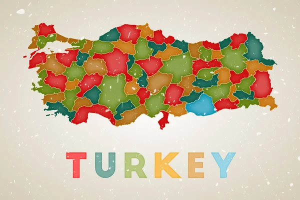 Turkiet karta Land affisch med färgade regioner Gamla grunge textur vektor illustration av Turkiet — Stock vektor