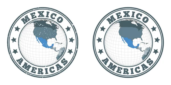 Logotipos redondos de México Insignias circulares de país con mapa de México en el contexto mundial — Archivo Imágenes Vectoriales