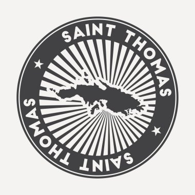 Saint Thomas yuvarlak logosu dairesel adı ve ada vektörünün haritası olan Vintage seyahat rozeti