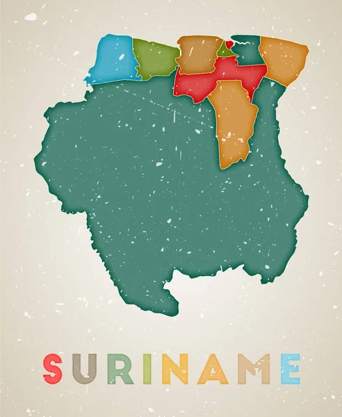 Карта Суринаму Постер Країни з кольорами області Старої гранж текстура Вікторна ілюстрація — стоковий вектор