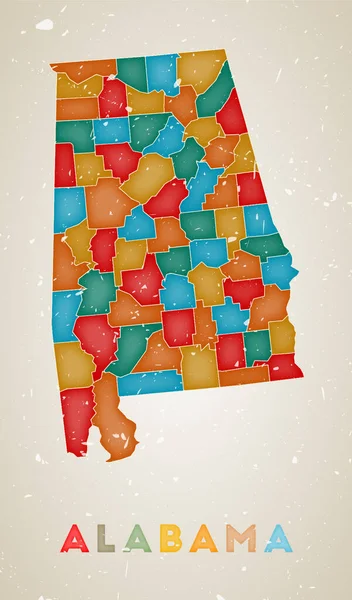 Alabama mapa nas stan plakat z kolorowych regionów Stary grunge tekstury Wektor ilustracji — Wektor stockowy