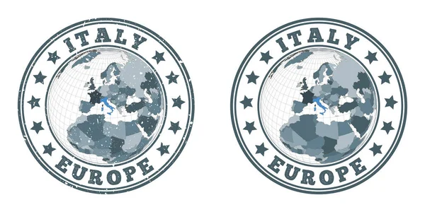 Okrągłe logo Włoch Okrągłe plakietki kraju z mapą Włoch w kontekście światowym Równe i teksturowane — Wektor stockowy