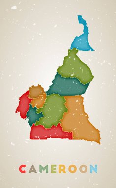 Kamerun haritası. Renkli bölgeleri olan taşra posteri. Eski grunge dokusu. Ülke adına sahip Kamerun 'un vektör illüstrasyonuName.