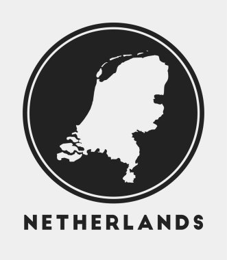 Hollanda ikonu. Ülke haritası ve başlığı olan yuvarlak logo. Haritalı stil Hollanda rozeti. Vektör illüstrasyonu.