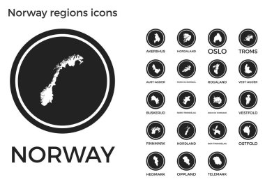 Norveç bölgeleri, ülke bölgeleri haritaları ve başlıkları Vektör illüstrasyonuna sahip siyah yuvarlak logoları simgeledi