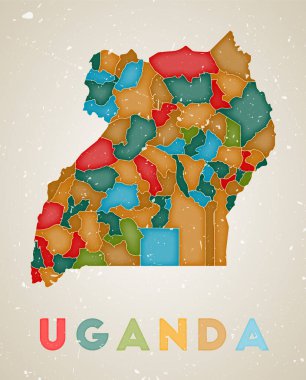 Renkli bölgeleri olan Uganda Harita Ülke posteri Uganda 'nın Eski Grunge Doku Vektörü illüstrasyonu