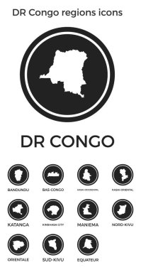 DR Kongo bölgeleri, ülke bölgeleri haritaları ve başlık Vektör illüstrasyonuna sahip siyah yuvarlak logoları simgeledi