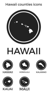 Hawaii ilçeleri, biz eyalet haritaları ve unvan vektörleriyle siyah yuvarlak logoları simgeliyor.