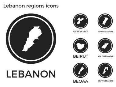 Lübnan bölgelerinde ülke bölgeleri haritaları ve başlıklar Vektör illüstrasyonuna sahip siyah yuvarlak logolar simgelendirildi