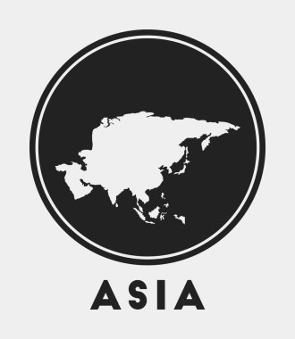 Asya ikonu. Kıta haritası ve başlığı olan yuvarlak logo. Haritalı Asya rozeti. Vektör illüstrasyonu.