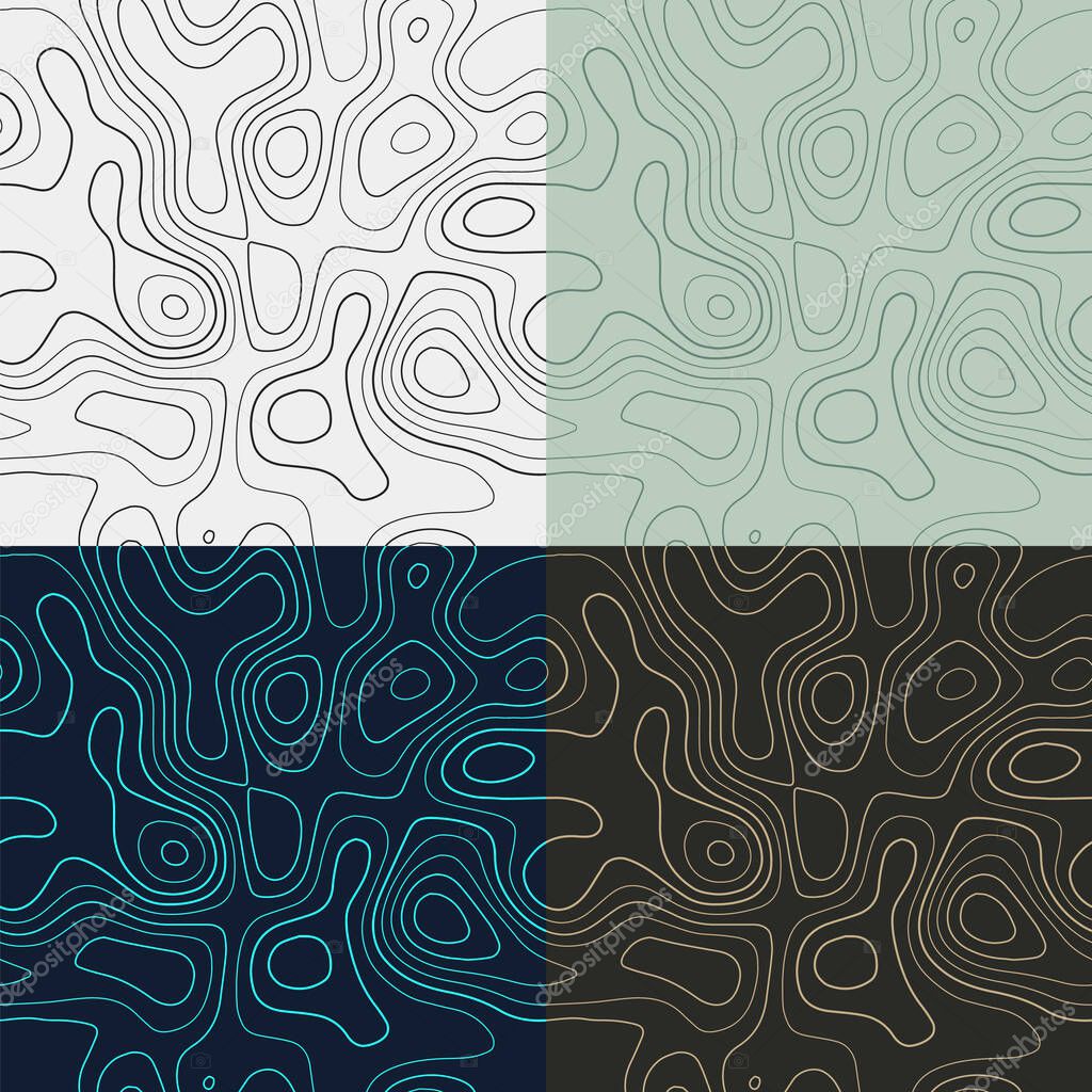 Topography patterns. Seamless elevation map tiles. Attractive isoline background. Charming tileable patterns. Vector illustration.