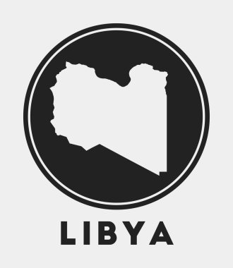 Libya ikonu. Ülke haritası ve başlığı olan yuvarlak logo. Haritalı Libya rozeti. Vektör illüstrasyonu.