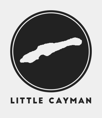 Küçük Cayman ikonu. Ada haritası ve başlığı olan yuvarlak logo. Haritalı şık küçük Cayman yaka kartı. Vektör illüstrasyonu.