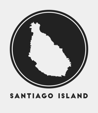 Santiago Adası ikonu. Ada haritası ve başlığı olan yuvarlak logo. Haritalı Santiago Adası rozeti. Vektör illüstrasyonu.