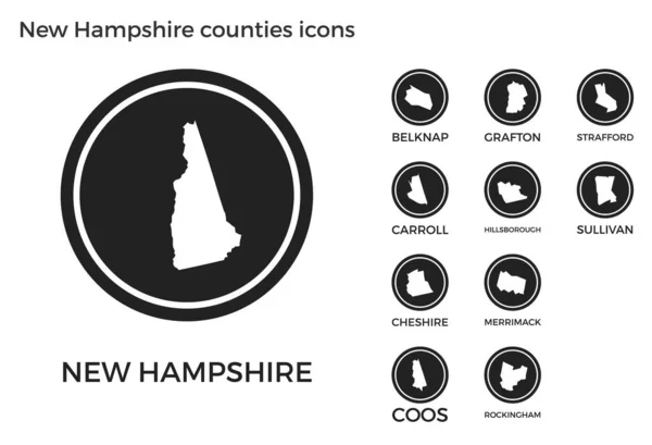 Ікони Округів Нью Гемпшир Чорні Круглі Логотипи Нами Державні Повіти — стоковий вектор