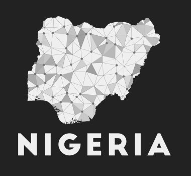 Nijerya - ülkenin iletişim ağı haritası. Koyu arkaplanda Nijerya 'nın moda geometrik tasarımı. Teknoloji, internet, ağ, telekomünikasyon kavramı. Vektör illüstrasyonu.