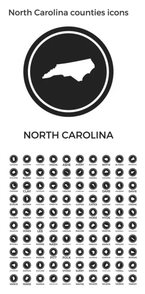 Condados de Carolina del Norte iconos Black round logos con nosotros condados estatales mapas y títulos Vector — Vector de stock