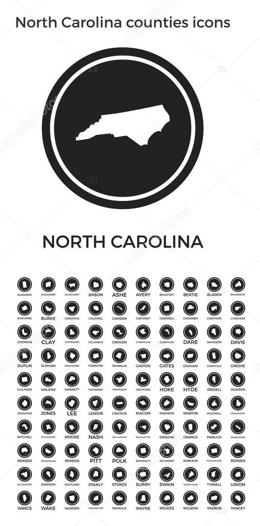 North Carolina counties icons Black round logos with us state counties maps and titles Vector