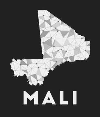 Mali iletişim ağı ülke haritası koyu arkaplan üzerinde modayı takip eden geometrik tasarım
