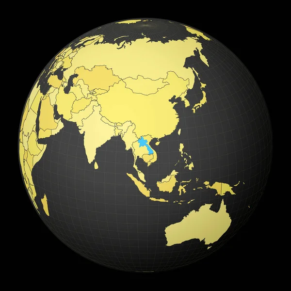 Laos en globo oscuro con mapa del mundo amarillo País resaltado con color azul Mundo satélite — Archivo Imágenes Vectoriales