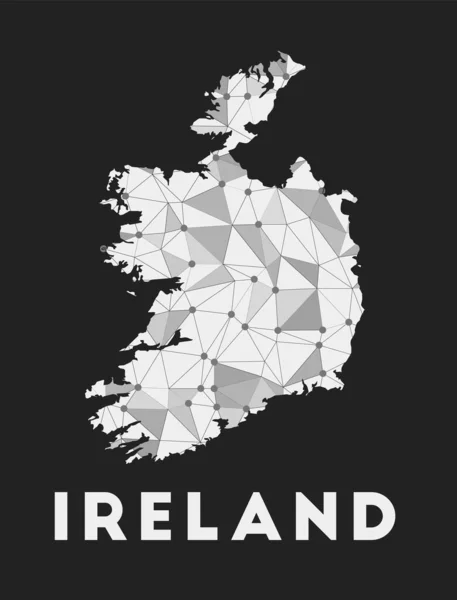 Irland kommunikationsnät karta över landet Irland trendig geometrisk design på mörk bakgrund — Stock vektor