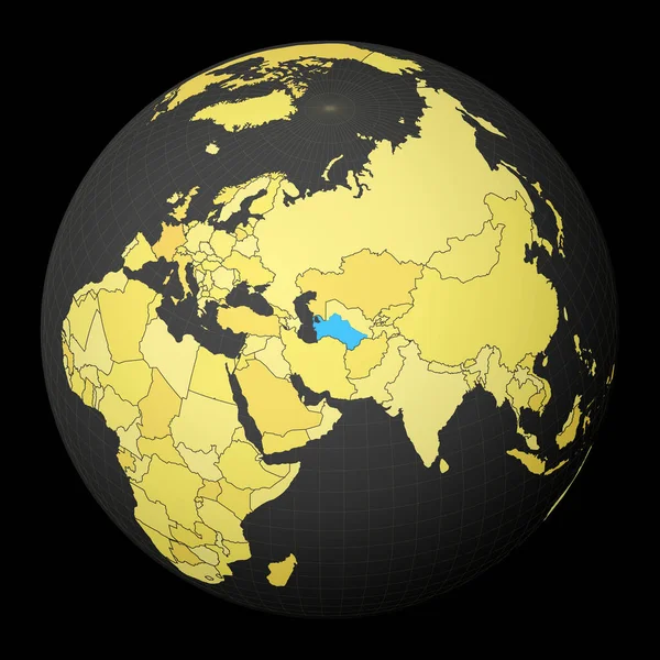 Turkmenistan na ciemnej kuli ziemskiej z żółtą mapę świata Kraj oświetlony niebieskim kolorem Satellite — Wektor stockowy