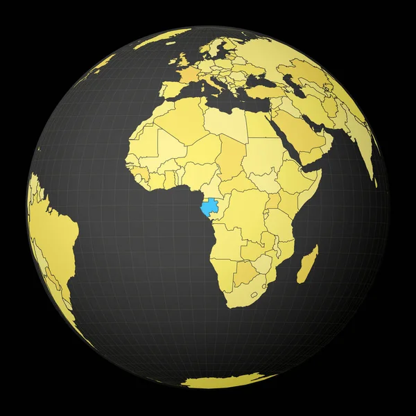 Gabon sur globe sombre avec carte du monde jaune Pays mis en évidence avec la couleur bleue Monde satellite — Image vectorielle