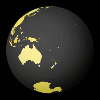 New Caledonia on dark globe with yellow world map Country highlighted with blue color Satellite