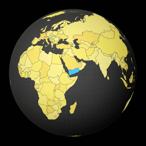 イエメン、黄色の世界地図で暗い地球上の国は青の色で強調衛星世界 — ストックベクタ