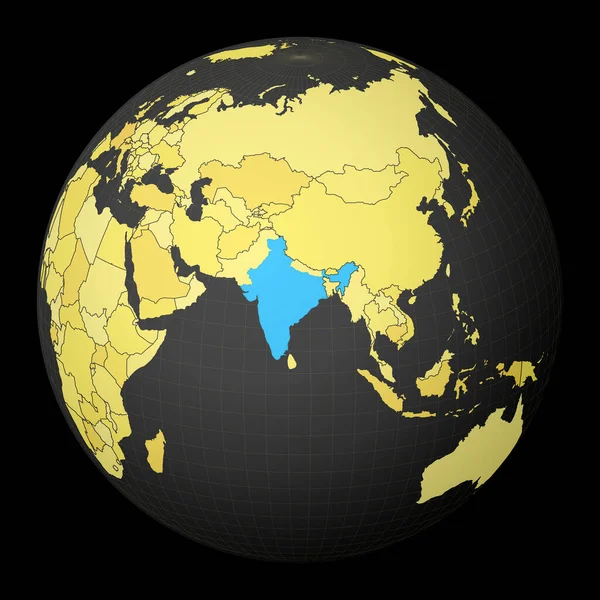 Inde sur globe sombre avec carte du monde jaune Pays mis en évidence avec la couleur bleue Monde satellite — Image vectorielle