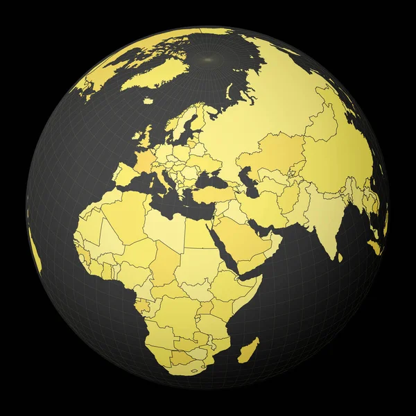 천연색 위성 세계로 초점을 맞춘 노란색 세계 지도 나라가 있는 어두운 지구의 키 프로스 — 스톡 벡터