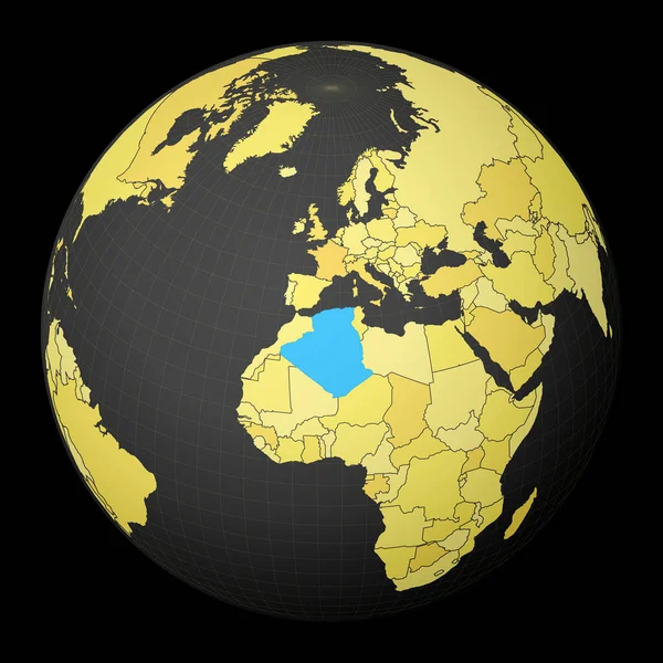 アルジェリア、黄色の世界地図で暗い地球上の国は青の色で強調衛星世界 — ストックベクタ