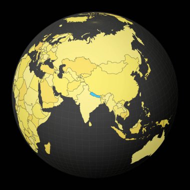 Sarı dünya haritalı karanlık dünya üzerinde Nepal mavi renkli uydu dünyasıyla vurgulanmış bir ülkedir