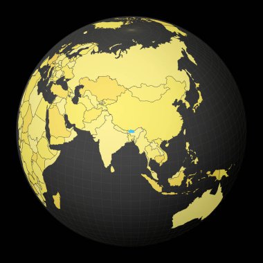 Bhutan, sarı dünya haritası olan karanlık dünya üzerinde mavi renkli uydu dünyası vurgulandı.
