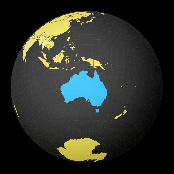 Austrália no globo escuro com mapa do mundo amarelo País destacado com cor azul Mundo satélite —  Vetores de Stock
