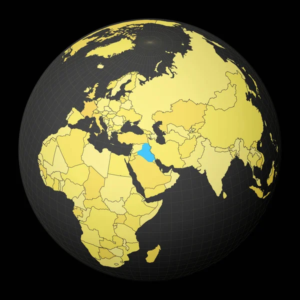 República do Iraque em globo escuro com mapa do mundo amarelo País destacado com cor azul Satélite — Vetor de Stock