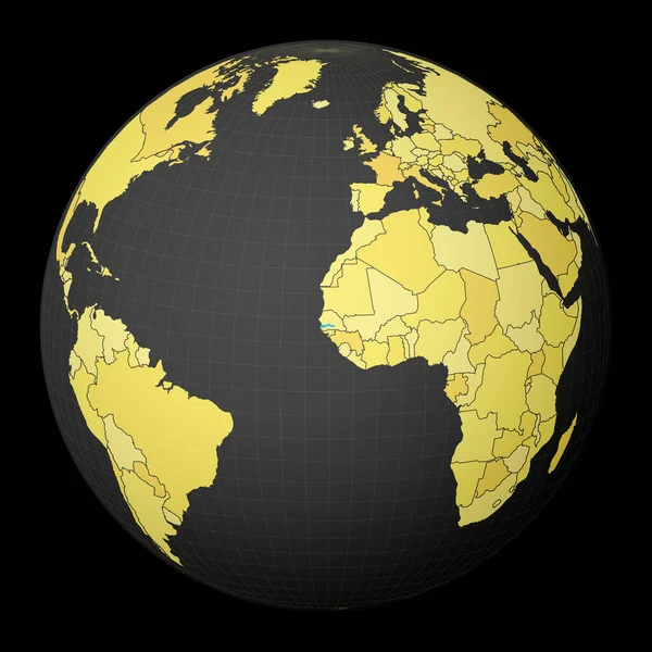 Gambie sur globe sombre avec carte du monde jaune Pays mis en évidence avec la couleur bleue Monde satellite — Image vectorielle