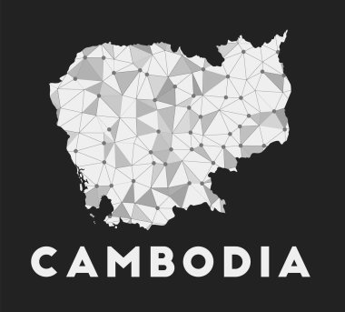 Kamboçya iletişim ağı haritası. Kamboçya 'nın karanlık üzerine eğik geometrik tasarımı.