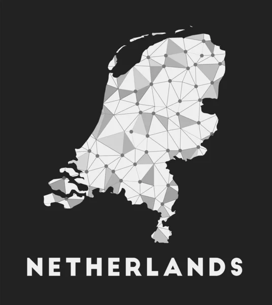 Nizozemská mapa komunikační sítě země Nizozemí trendy geometrický design na tmavé — Stockový vektor