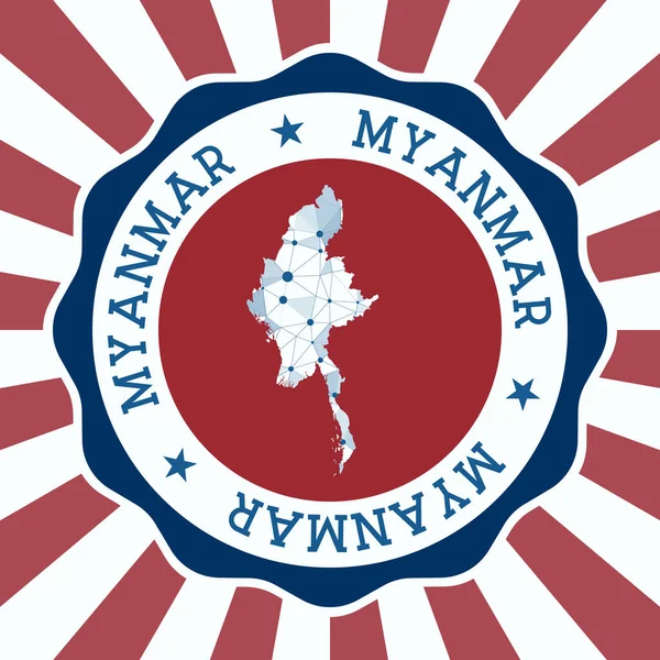 Myanmar Badge Rond logo van land met driehoekige mesh kaart en radiale stralen EPS10 Vector — Stockvector