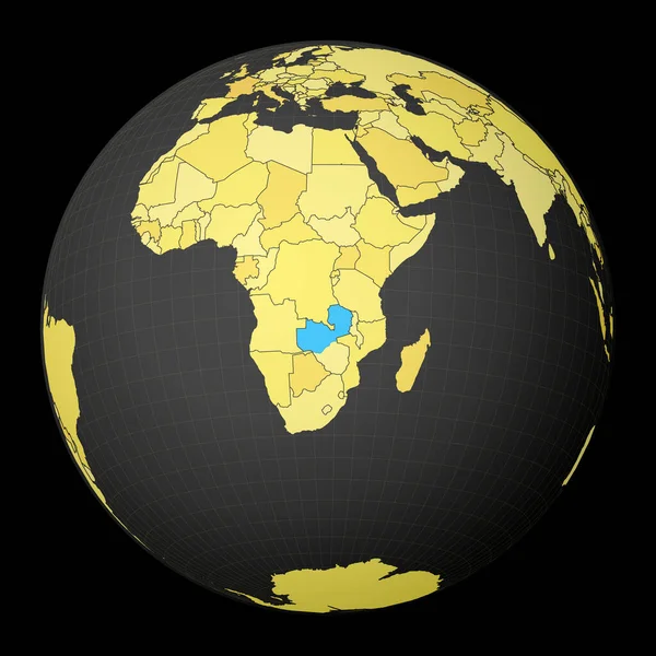 Ζάμπια σε σκούρο κόσμο με κίτρινο παγκόσμιο χάρτη Χώρα τονίζεται με μπλε χρώμα Δορυφορική κόσμο — Διανυσματικό Αρχείο