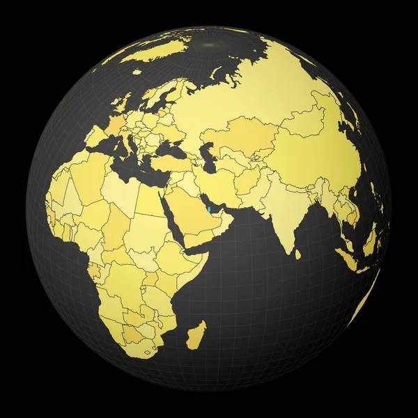 Katar na tmavé zeměkouli se žlutou mapou světa Země zvýrazněná modrou barvou Satelitní svět — Stockový vektor