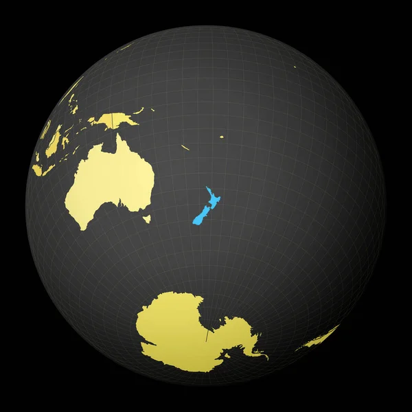 Neuseeland auf dunklem Globus mit gelber Weltkarte Land mit blauer Satellitenfarbe hervorgehoben — Stockvektor