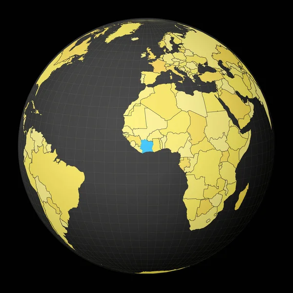 아이보리 코스트, 어두운 지구 위에 노란 세계 지도 나라파란 색 위성으로 강조 — 스톡 벡터