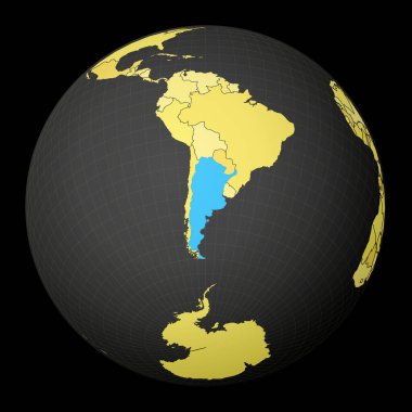 Sarı dünya haritası olan Arjantin 'de mavi renkli uydu dünyası vurgulandı